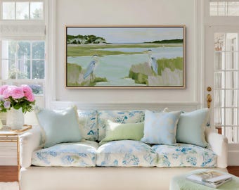 Coastal Marsh Wall Art Canvas, Long Horizontal Above Sofa Panoramic Art Print, Blue Heron Tidal Creek, Green Sage Grandmillennial Lake House