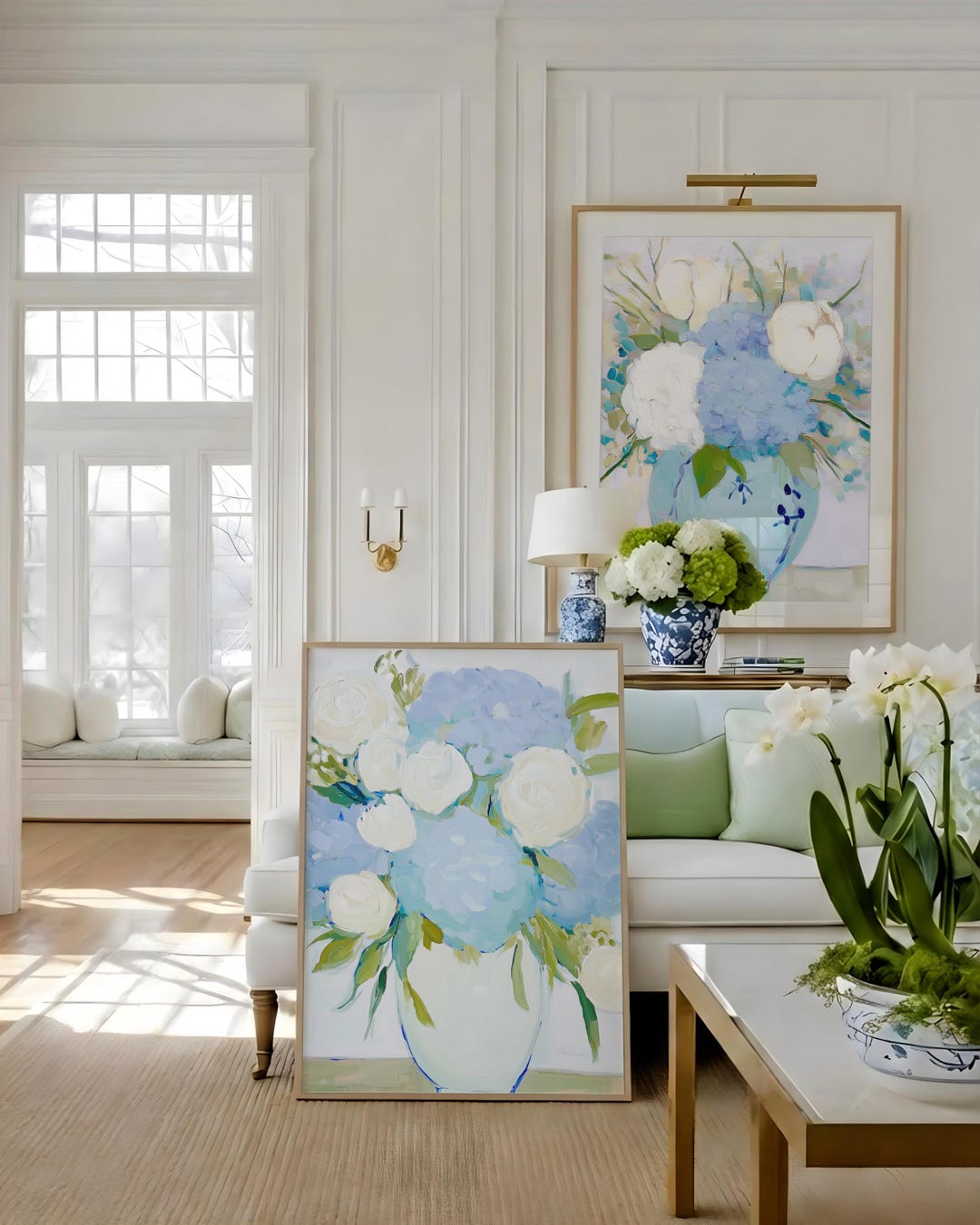 Coastal Hydrangea Wall Art Set of 2 Prints | Blue Hydrangea White Peony ...
