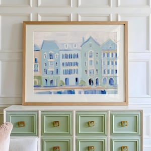 Blue Rainbow Row Wall Art Print, Charleston Pastel Houses Painting, Southern Coastal Cottagecore Decor, Grandmillennial Chinoiserie Painting
