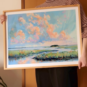 Impresión de pantano costero, pintura de paisaje sereno, impresión artística de Carolina del Sur, decoración abstracta estilo Matisse, arte mural costero, decoración del hogar en tonos pastel
