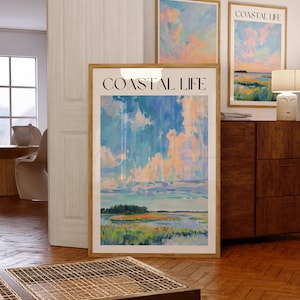 Summer Marsh Landscape Set of 3 Paintings, Carolina Lowcountry Wall Decor, Pastel Coastal Waterway Printable Coastal Posters,Farmhouse Decor