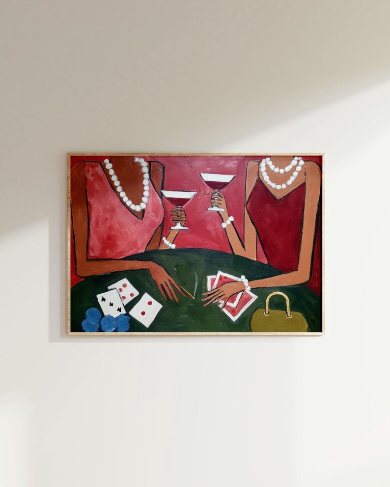 May include: An abstract painting depicts two figures at a table playing cards. The figures wear red dresses and pearl necklaces, holding martini glasses. A green table displays playing cards, dice, and a purse.