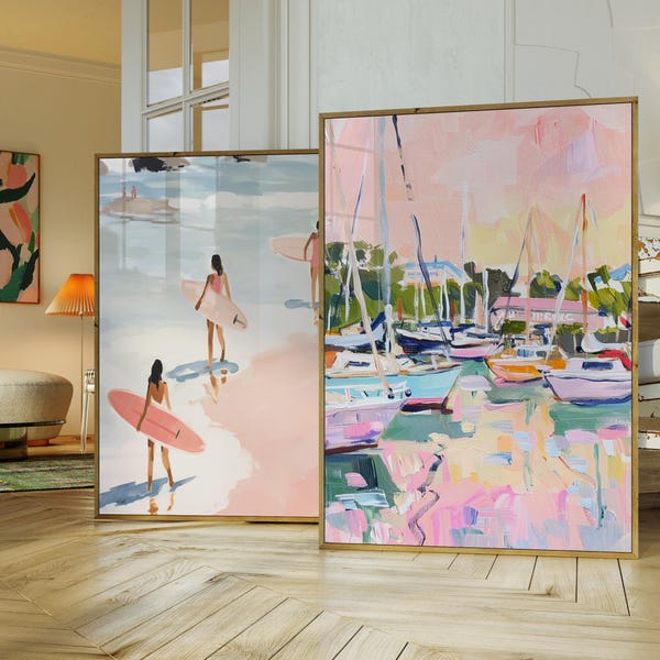 Pink Sailboat Beach House Printable Art, Boho Eclectic Wall Art, Aesthetic Room Decor, Watercolor Harbor Scene,Modern Vintage Coastal Poster