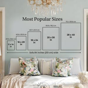 May include: Image showcasing popular print sizes in inches and centimeters, including 11 x 14 in, 16 x 20 in, 18 x 24 in, 20 x 30 in, and 28 x 40 in. The text reads "Most Popular Sizes." A sofa is shown below the sizes, which is 84 inches wide.