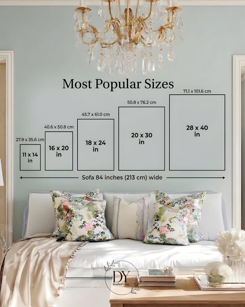 May include: Image showcasing popular print sizes in inches and centimeters, including 11 x 14 in, 16 x 20 in, 18 x 24 in, 20 x 30 in, and 28 x 40 in. The text reads "Most Popular Sizes." A sofa is shown below the sizes, which is 84 inches wide.