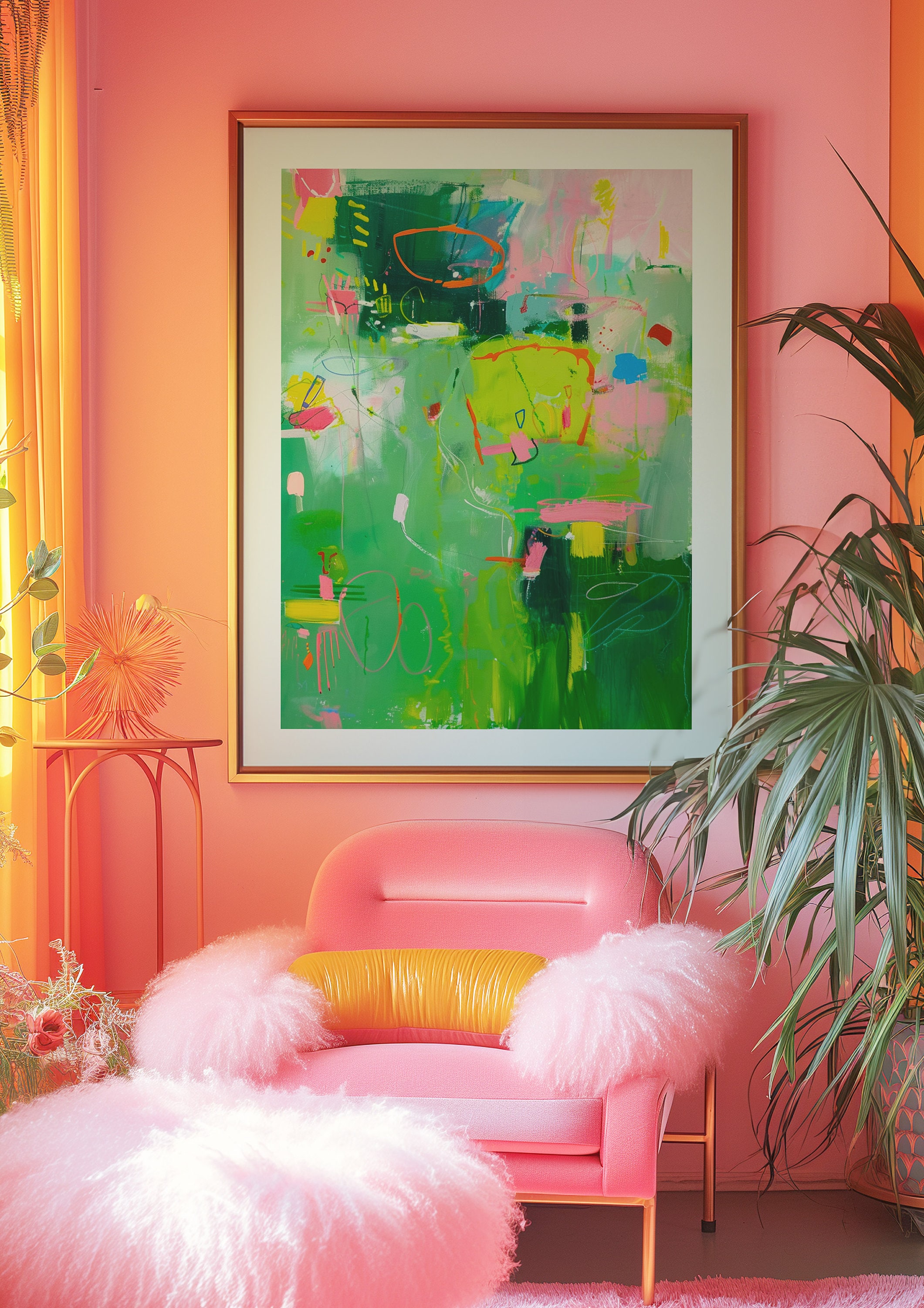 Eclectic Green Pink Abstract Print, Dopamine Colorful Wall Art