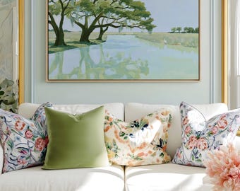 Sage Green Live Oak Wall Art Horizontal Above Bed Panoramic Art Print, Southern Lowcountry Egret Spanish Moss Blue Lake House Painting Print