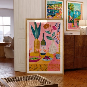 Póster de arte lineal, póster retro, arte de pared rosa, póster de comedor, decoración de pared de cocina, póster de arte de restaurante, póster ecléctico, decoración de dopamina