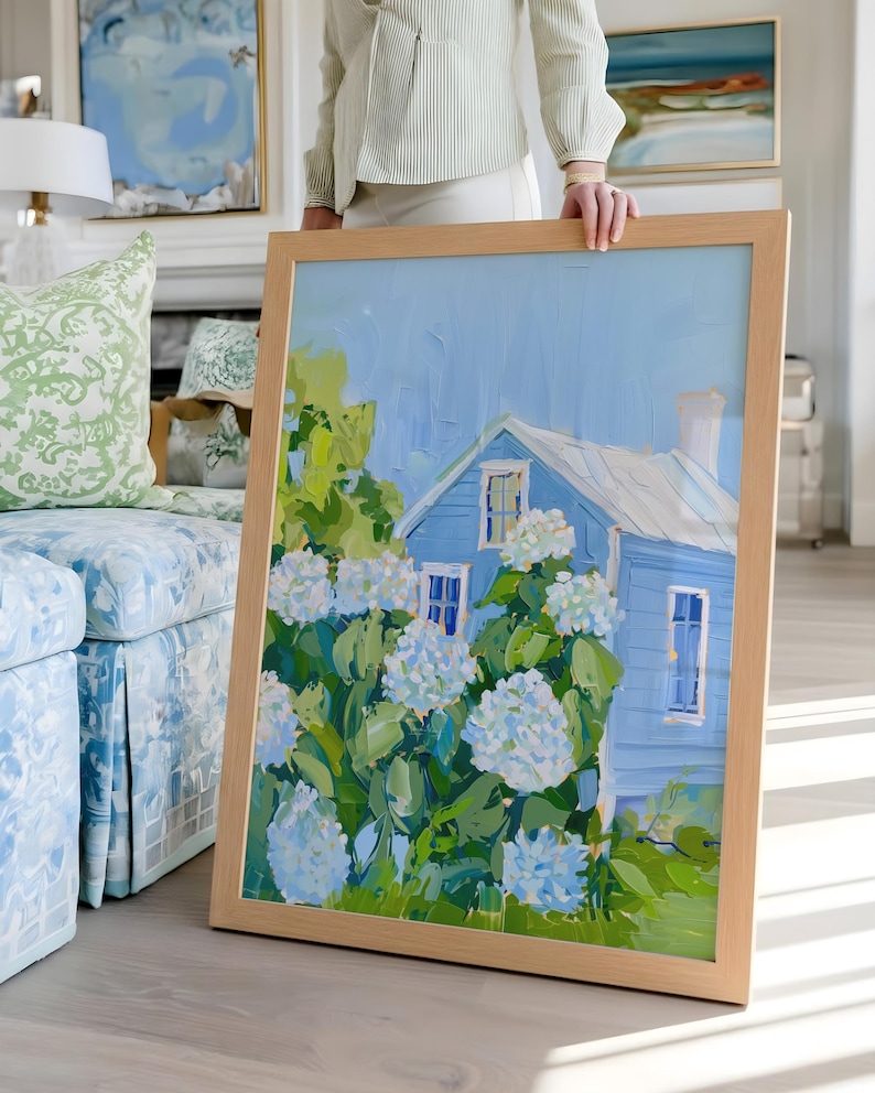 Cape Cod Hydrangea Cottage Wall Art | Coastal Garden House Painting ...
