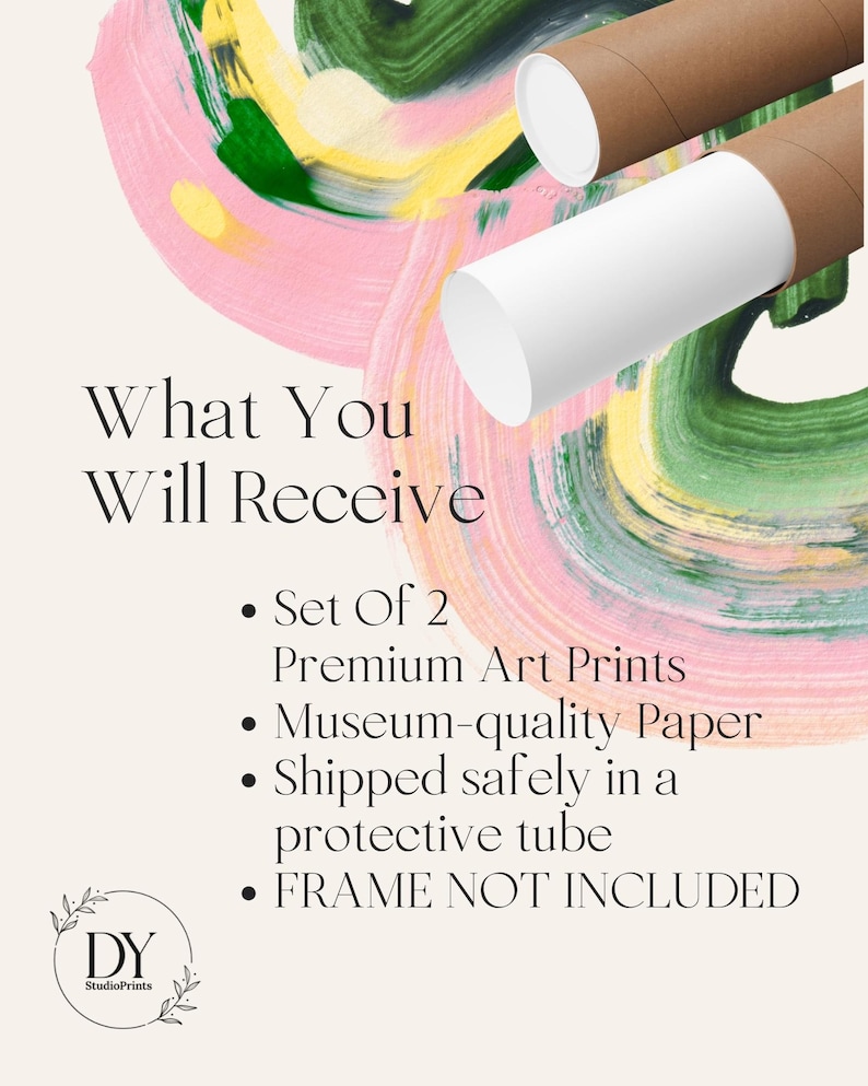 Puede incluir: Dos tubos de impresi&oacute;n art&iacute;stica, uno blanco y otro marr&oacute;n, sobre un fondo de pinceladas coloridas en rosa, verde y amarillo. El texto dice "What You Will Receive" y detalles de las impresiones.