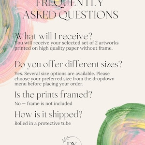 May include: A cream-colored informational graphic with the text "FREQUENTLY ASKED QUESTIONS." The text answers questions about the product, including what the customer will receive, size options, framing, and shipping. The logo "DY StudioPrints" is at the bottom.
