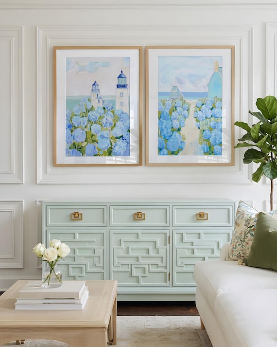 Set of 2 Coastal Garden Wall Art Prints | Nantucket Hydrangea  Cape Cod Lighthouse Painting | Grandmillennial Beach House Coastal Cottage