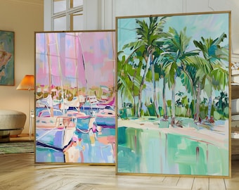 Green Tropical Wall Print, Palm Trees Painting, Pastel Girly Print, Summer Poster, Modern Tropical Coastal Apartment Painting, Printable Art