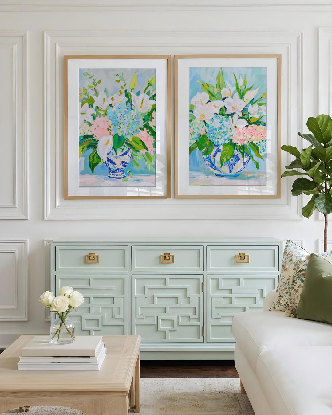 Set of 2 Chinoiserie Wall Art Prints | Blue Floral Botanical Painting ...
