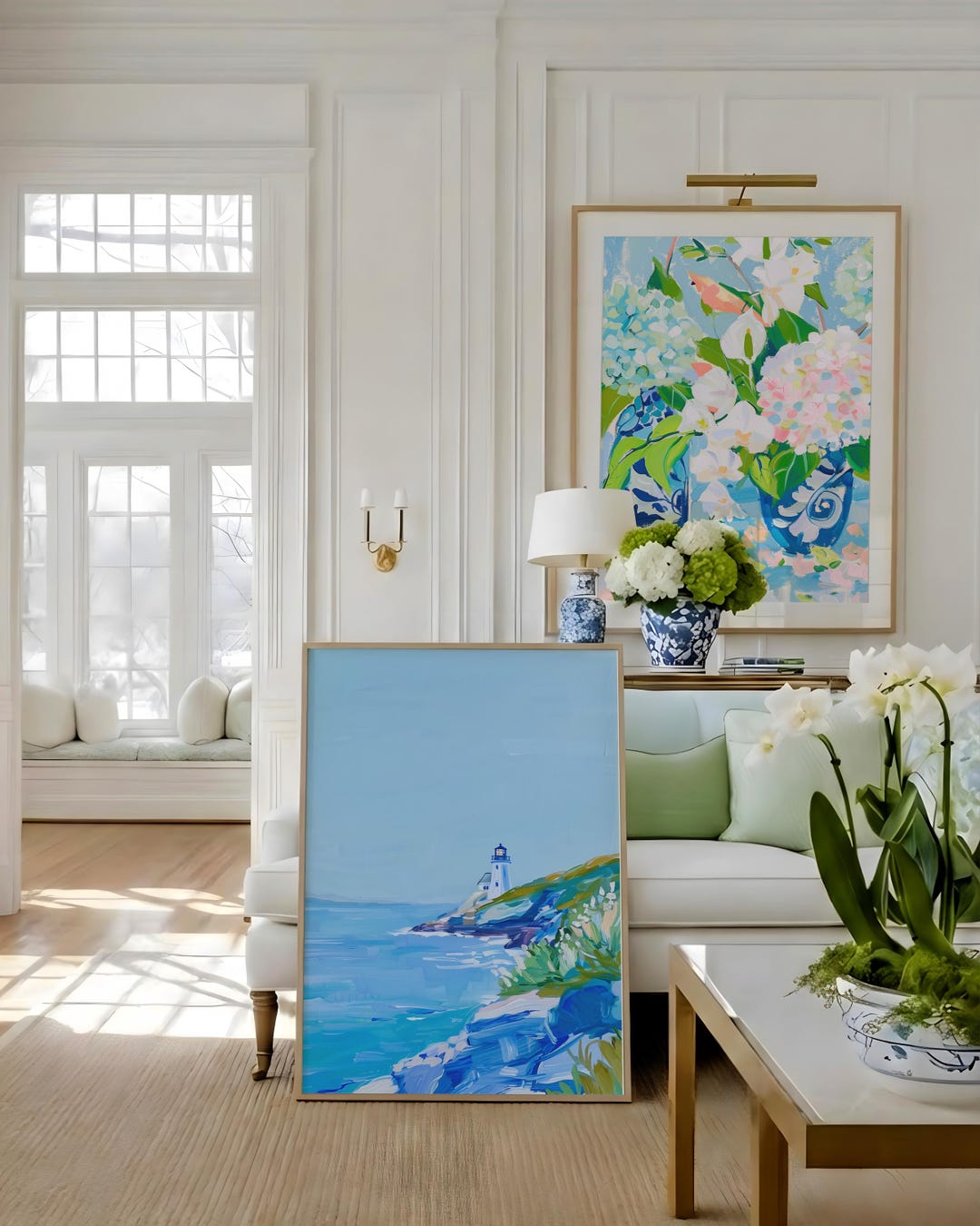 Blue Coastal Lighthouse Wall Art Print | Beach Landscape Painting ...