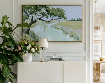 Green Vintage Georgia Coast Live Oak Wall Art Long Horizontal Above Bed Panoramic Print, Marsh Creek Egret Spanish Moss Beach House Decor