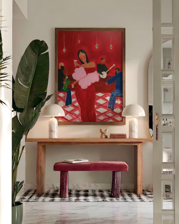 Jazz Restaurant Wall Art Print | Red Pink Cocktail Lounge Painting | Women And Wine Eclectic Maximalist Music Bar Poster Dining Room Decor