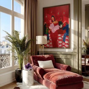 May include: A luxurious interior scene featuring a red chaise lounge with a white pillow, a marble side table with a purple crystal, and a large painting. A potted palm and a window with a view complete the elegant setting.