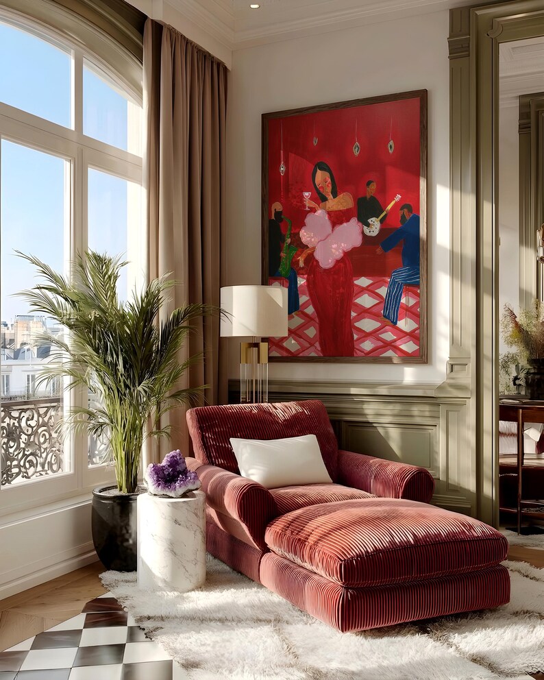 May include: A luxurious interior scene featuring a red chaise lounge with a white pillow, a marble side table with a purple crystal, and a large painting. A potted palm and a window with a view complete the elegant setting.