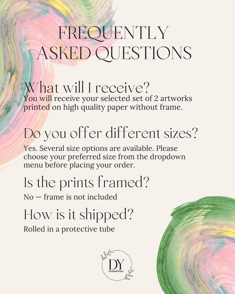 Puede incluir: Un gr&aacute;fico crema con el texto "FREQUENTLY ASKED QUESTIONS." El texto responde preguntas sobre la obra de arte, incluyendo lo que recibe el comprador, opciones de tama&ntilde;o, enmarcado y env&iacute;o. El logotipo "DY StudioPrints" est&aacute; en la parte inferior.