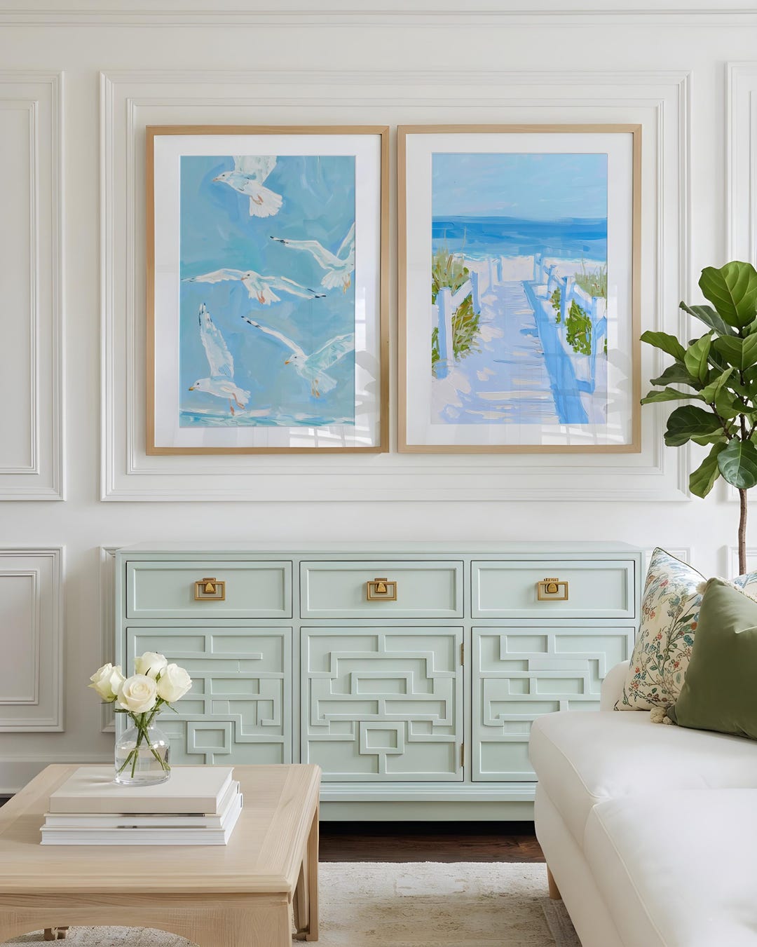 Set of 2 Coastal Wall Art Prints | Seagulls Ocean Beach Boardwalk Path ...