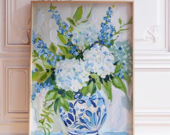 Lámina artística de hortensias azules, jarrón chinoiserie, arte mural floral costero