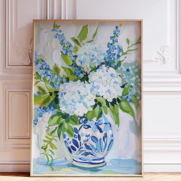 Blue Hydrangea Art Print, Chinoiserie Vase, Coastal Floral Wall Art