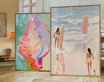 Surfing Girly Beachy Pink Wall Art, Trendy Aesthetic Pink Surf Poster, Aerial Surfing Painting, Coastal Summer Ocean Print,Pastel Room Decor