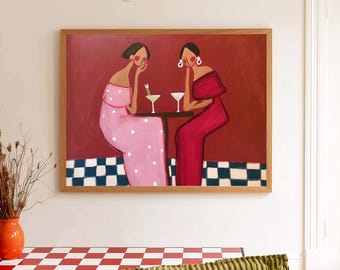 Quirky Martini Girls Art Print | Playful Cheers Drinks Print | Vintage Bar Table Wall Art | Eclectic Feminine Decor | Trendy Kitchen Print