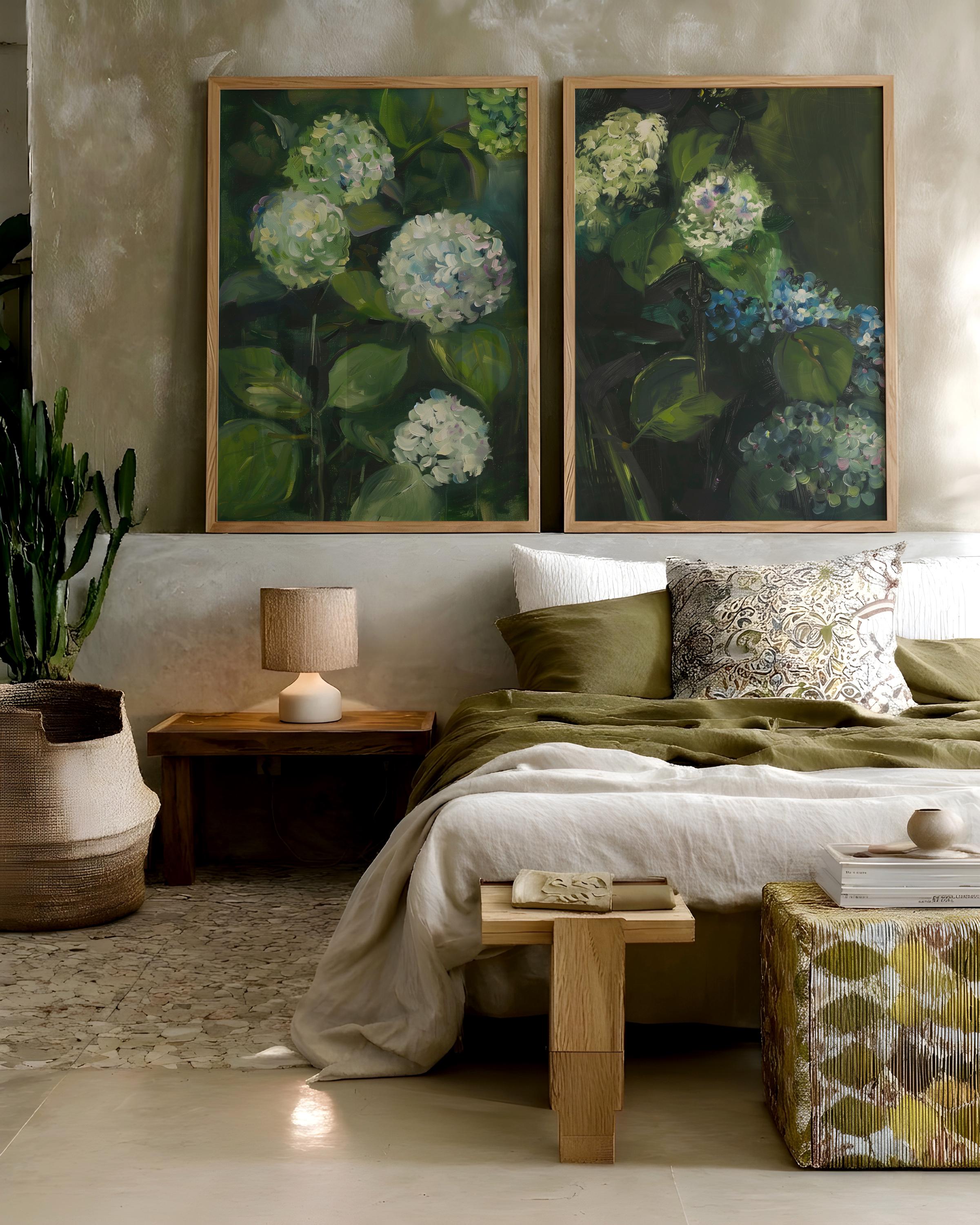 Rustic Vintage Set of 2 Hydrangea Wall Art Prints, Mid Century