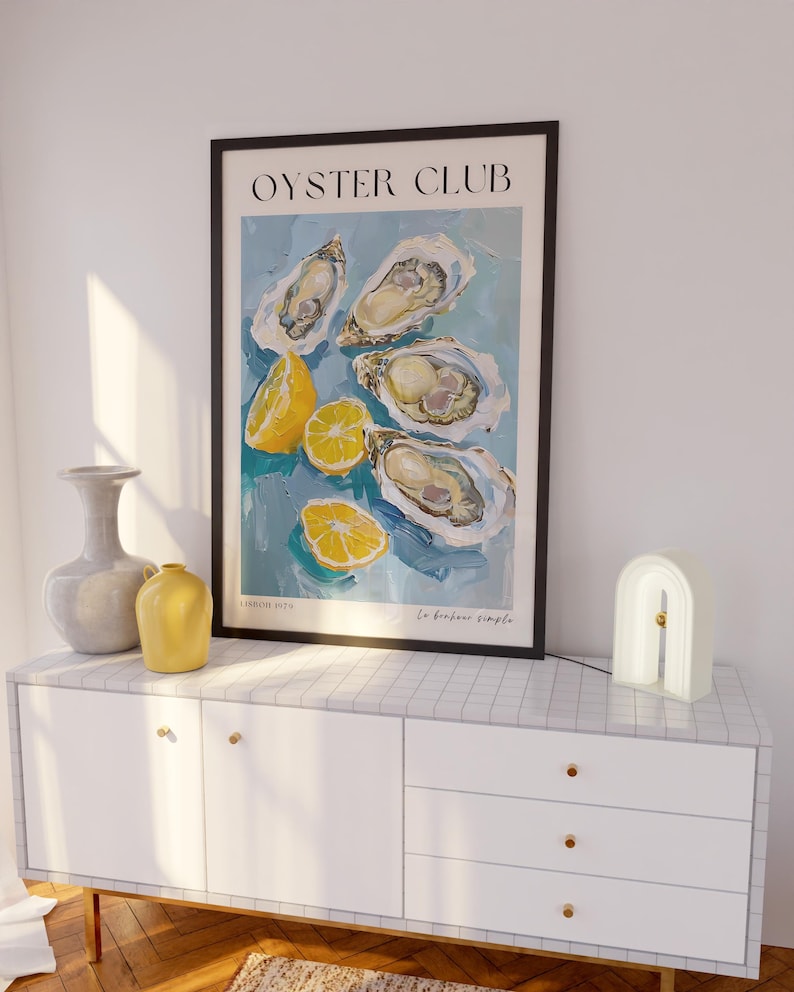 Restaurant Wine Sea Food Prints, Oysters Lemons Kitchen Decor, Food Art