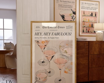 Set of 3 Trendy NewsPaper Print, Happy Hour Poster,New york News,Every Hour is Happy Hour,Vintage Bar Cart,Girly Dorm Retro,Instant Download