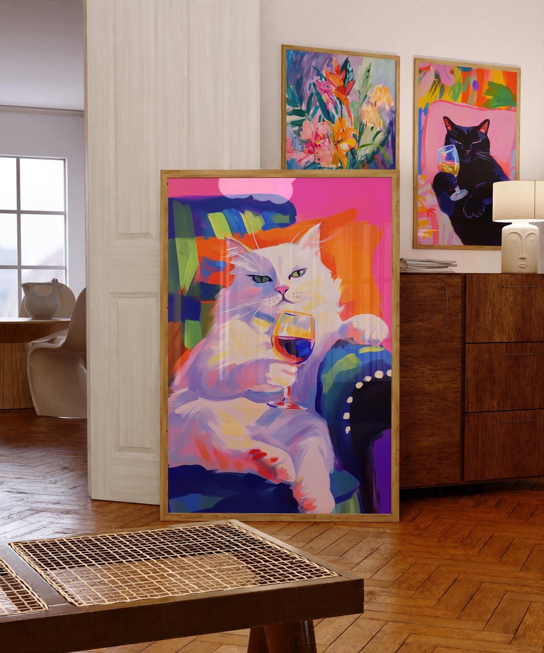 Maximalist White Cat With Glass of Wine Painting, Wine Art, Trendy ...