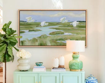 Sage Green Egret Wall Art Horizontal Above Sofa Panoramic Art Print, Southern Lowcountry Salt Marsh Creek Grandmillennial Beach House Decor