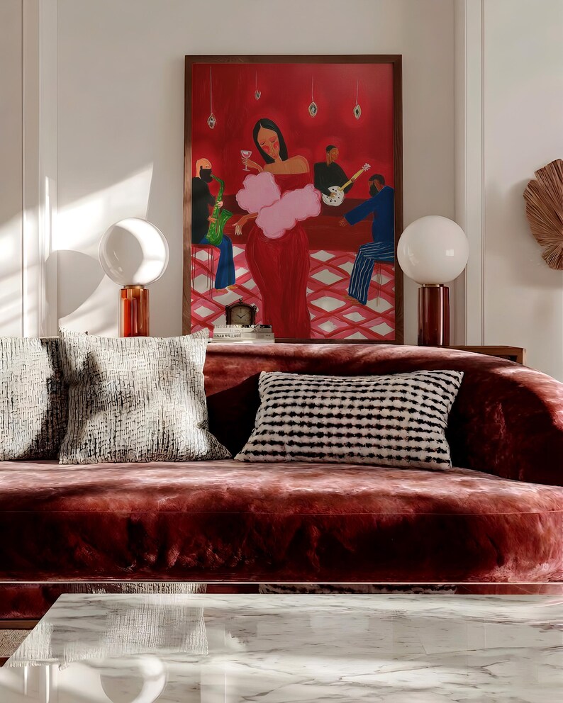 Jazz Restaurant Wall Art Print | Red Pink Cocktail Lounge Painting | Women And Wine Eclectic Maximalist Music Bar Poster Dining Room Decor image 16