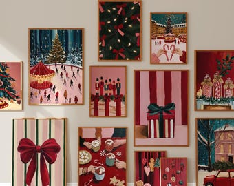 May include: A collection of framed Christmas-themed paintings. The artwork features festive scenes such as a carousel, a decorated Christmas tree, and wrapped gifts. The color palette includes red, green, and pink hues, with a focus on holiday imagery.