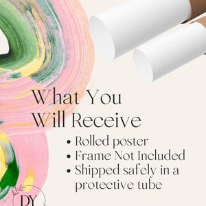 May include: Image features a rolled poster, with text stating "What You Will Receive." The text also mentions the poster is shipped safely in a protective tube. The background has abstract brushstrokes in pink, green, and yellow.