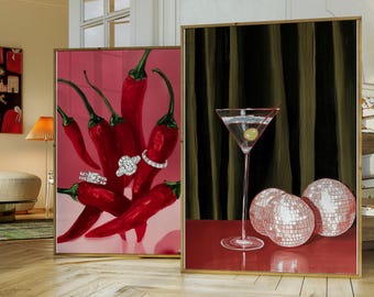 Vintage schilderij vuile martini-olijven | Disco martini kunst aan de muur | Retro barwagen kunstafdruk | Franse poster landelijke keuken | Moderne cocktail