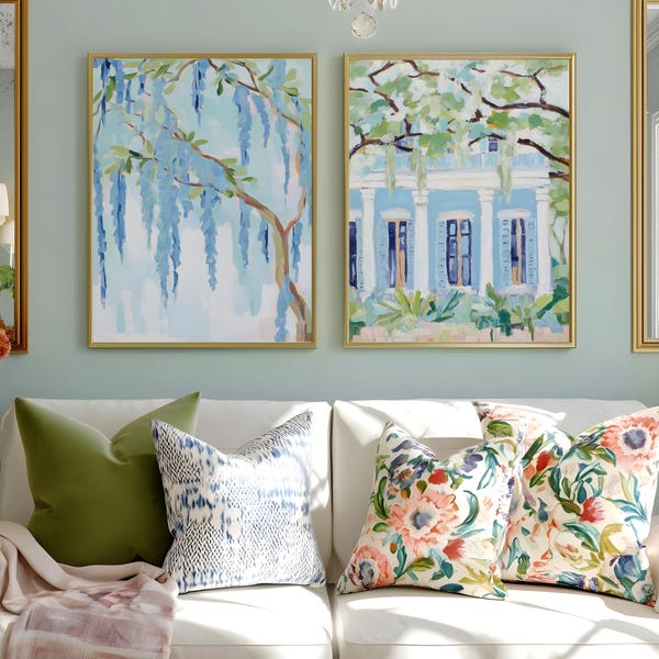Above the bed Set of 2 Louisiana Wall Art Prints, Spanish Moss Garden Painting, Southern Coastal Grandmillennial Decor, Blue Green Bedroom