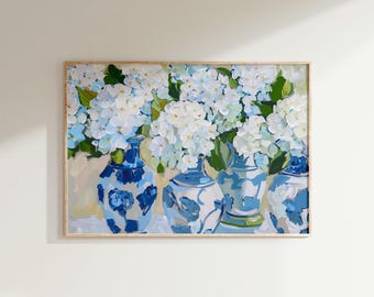 Blue Chinoiserie Hydrangeas Bouquet Wall Art Print | Hydrangea Floral Oil Painting | Coastal Grandmillennial Decor | Cottagecore Bedroom Art