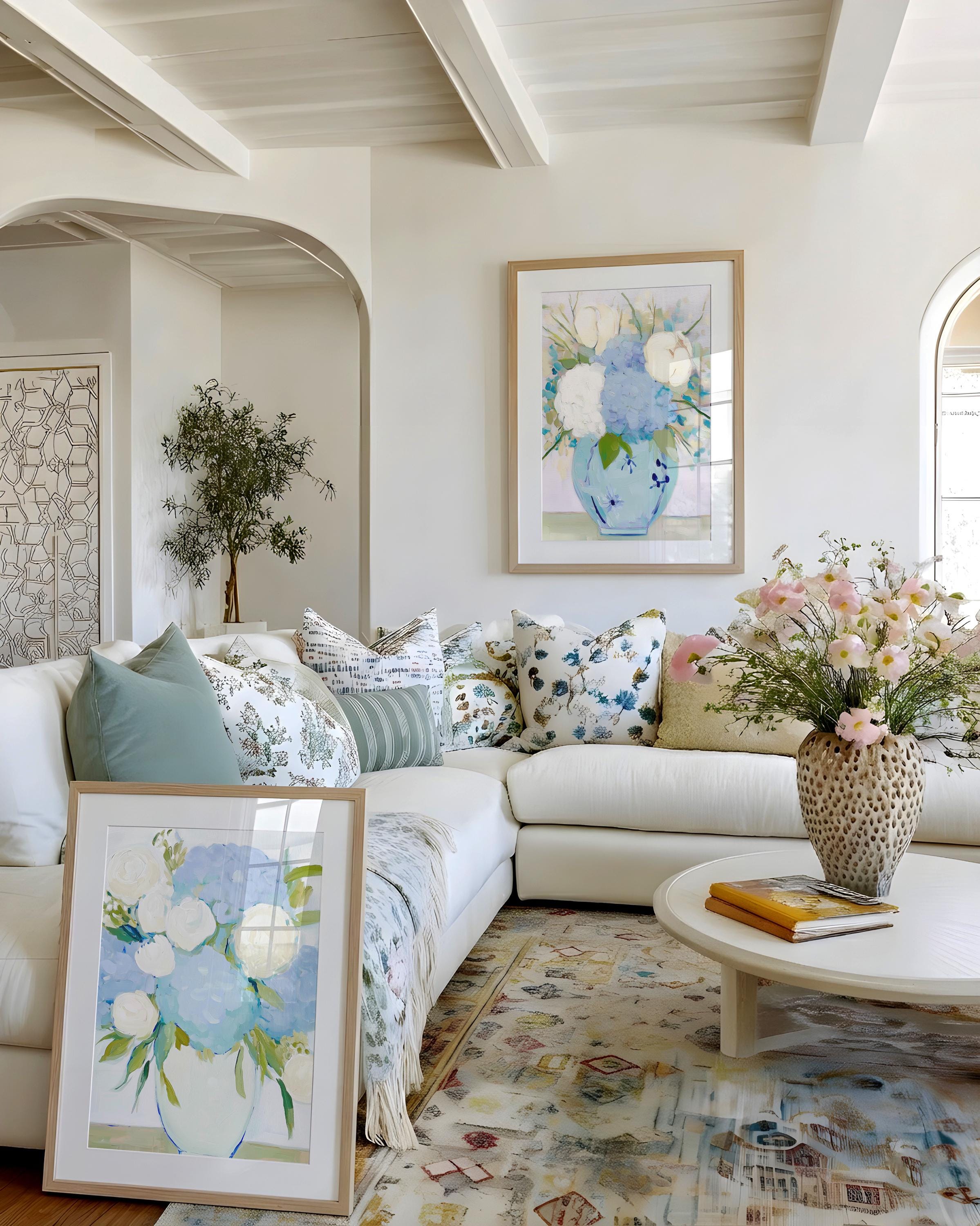 Coastal Hydrangea Wall Art Set of 2 Prints | Blue Hydrangea White Peony ...