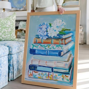 Chinoiserie Book Lover Wall Art Print | Stacked Vintage Blue Hardcover Book Painting | Grandmillennial Library Decor | Literary Gift for Her
