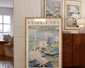Set van 3 digitale prints download, preppy muurkunst, coquette maximalist decor, waterlelies, impressionistische landschapsschilderkunst, bloemenprints