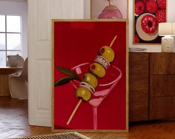 Red Dirty Martini Olive Art Print | Cocktail Wall Art | Kitchen Bar Martini Room Decor | Dopamine Bar Decor | Trendy Preppy Painting