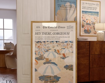 Set of 3 Trendy Prints, Coastal News, Newspaper Poster, Magazine Headline Wall Art, Vintage Bar Cart, Girl Dorm Retro, Printable Wall Art