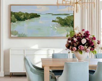 Green Mangrove Wall Art Long Horizontal Dining Room Panoramic Print, Florida Egret Tidal Flats, Teal Green Grandmillennial Beach House Decor