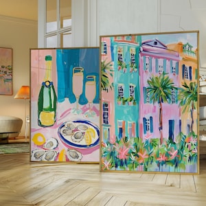 Charleston South Carolina Pastel Colorful Watercolor Painting, Rainbow Row Houses Printable Wall Art, Church Street Print,Matisse Room Decor