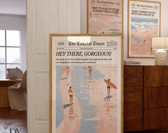 Set of 3 Trendy Prints, Coastal News, Newspaper Poster, Magazine Headline Wall Art, Vintage Bar Cart, Girl Dorm Retro, Printable Wall Art