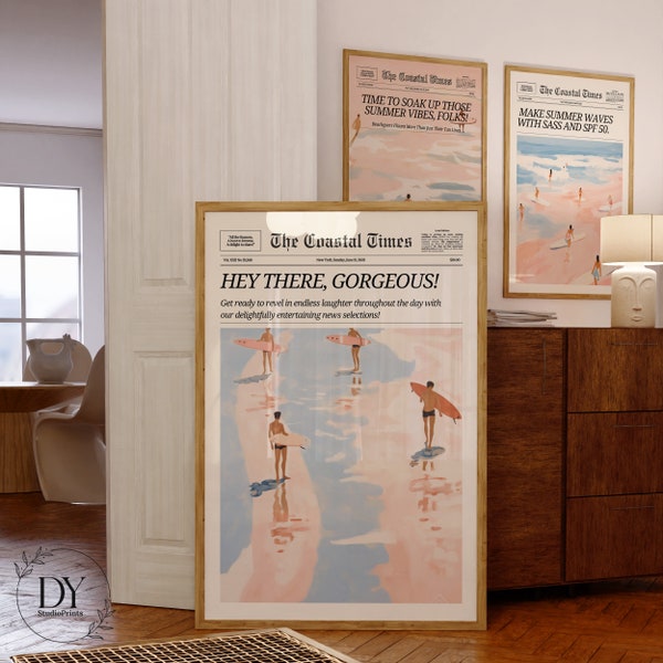 Set of 3 Trendy Prints, Coastal News, Newspaper Poster, Magazine Headline Wall Art, Vintage Bar Cart, Girl Dorm Retro, Printable Wall Art