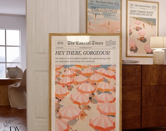 Set of 3 Trendy Prints, Coastal News, Newspaper Poster, Magazine Headline Wall Art, Vintage Bar Cart, Girl Dorm Retro, Printable Wall Art